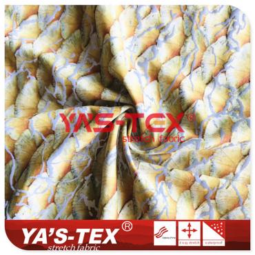 Polyester high-elastic four-way stretch, ginkgo print, anti-light strip, short wide, sports functional fabric【S4029】 Polyester high-elastic four-way stretch, ginkgo print, anti-light strip, short wide, sports functional fabric【S4029】