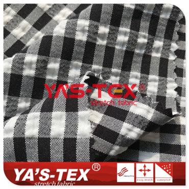 Polyester yarn-dyed fabric, four-way stretch with long square lattice, uneven wrinkle style, sports stretch fabric【S4083】 Polyester yarn-dyed fabric, four-way stretch with long square lattice, uneven wrinkle style, sports stretch fabric【S4083】